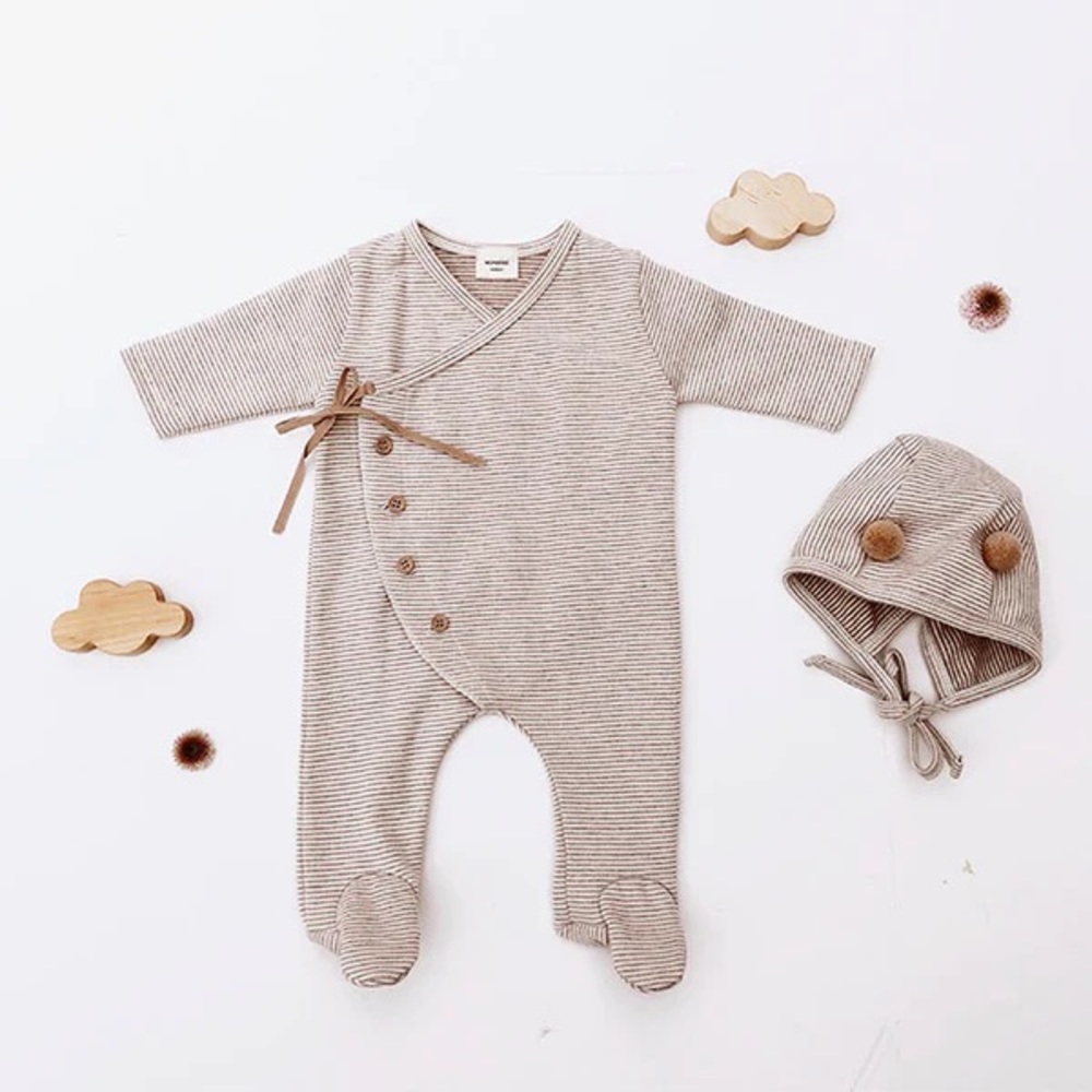 NWT Greenberry Kids MONBEBE POM POM BEAR BABYGROW + BONNET SET (GRAY)